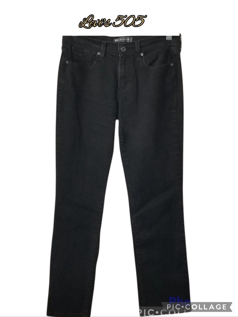 Levi's 505 jeans, black straight leg, 5 pocket, zip button rivets, belt loops